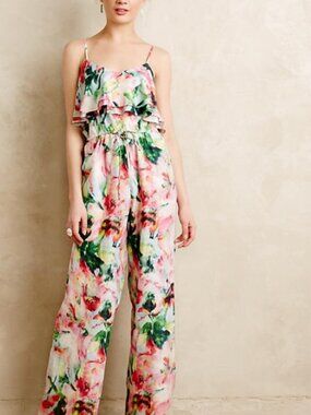 Fleur Wood Ikebana Floral Print Ruffled Spaghetti-Strap Jumpsuit Pink & Green XS